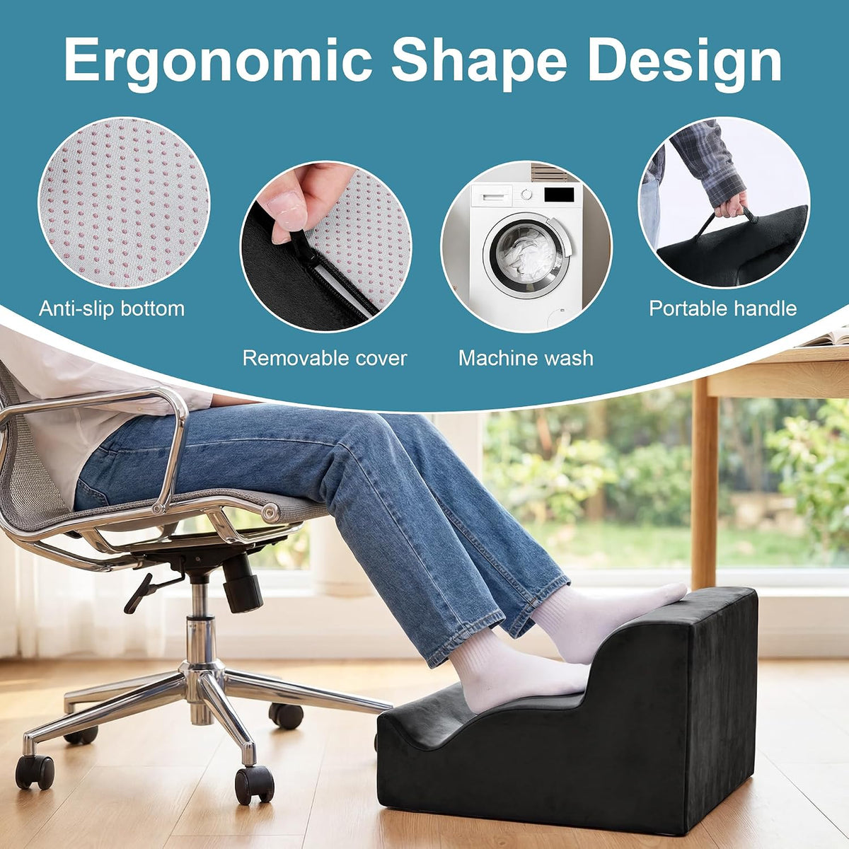 Ergonomic Foot Rest Under Desk, Large Leg Rest for Desk with High Density Foam, Office Foot Stool for Chair, Multi-Use Leg Elevation Support Cushion for Work, Gaming, Sofa Relaxation(Black) - Image 3