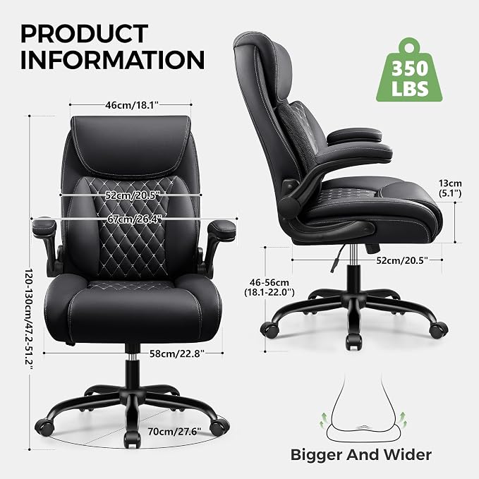 Office Chair, Ergonomic Executive Desk Chair with Lumbar Support for Lower Back Pain Relief, Padded Flip-Up Armrests, Leather Home Office Chair, Black - Image 2
