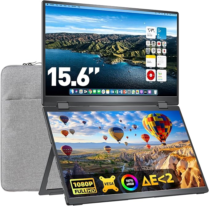 Upperizon Portable Monitor Foldable Dual Screen 15.6 inch FHD 107% sRGB IPS HDMI USB-C Travel Monitor for Laptop Mac PC Windows, DisplayLink Stacked Screen Extender with Kickstand, VESA Compatible by Upperizon