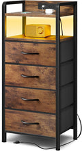 Lazzanto Nightstand with Rear Charging Station, LED Light, 4 Drawers, Brown | Industrial Nightstand, 2 USB-A Ports & AC Outlets, Raised Back Guard, Fabric Storage Drawers, Bedside Table for Bedroom, Dorm by Lazzanto