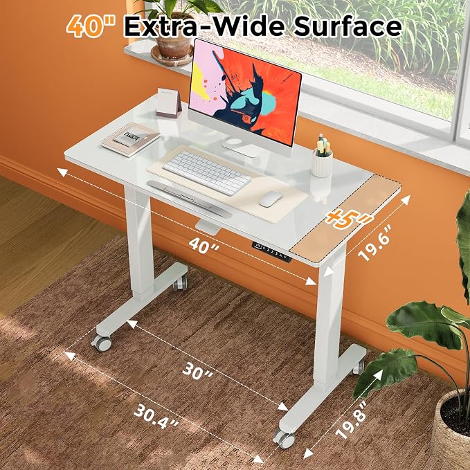 40" Glass Drafting Table, 90° Tilt Height Adjustable Standing Desk | White Foldable Whole-piece Electric Rising Table with 4 Lockable Wheels, Mobile Laptop Cart for Working, Drawing, Crafting - Image 2