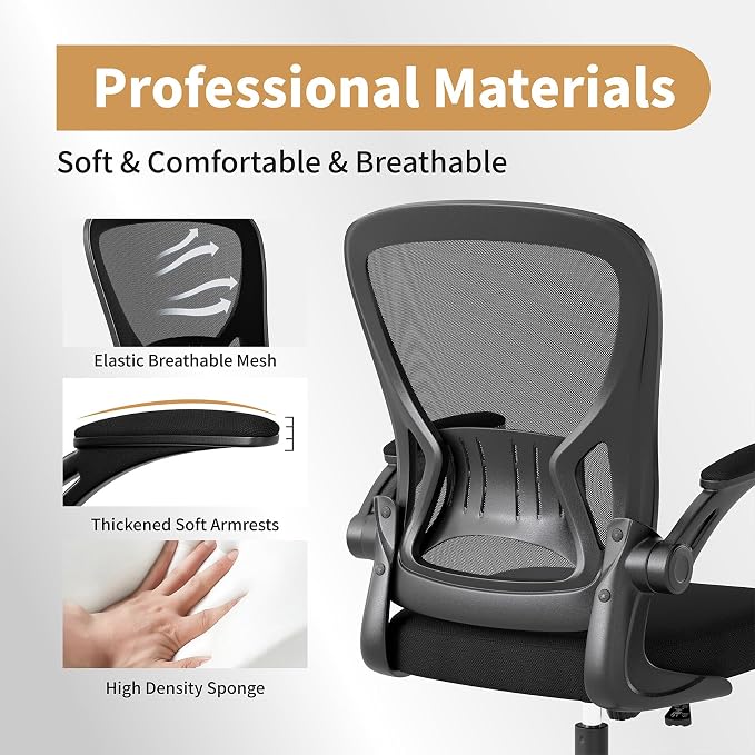 Youhauchair Adjustable Mesh Ergonomic Office Chair with Wheels, Black | Flip-up Arms, Lumbar Support, Home Desk Chair, Height Adjustable, Breathable, Mid Back Swivel Compurter Chair, Set of 1 - Image 5