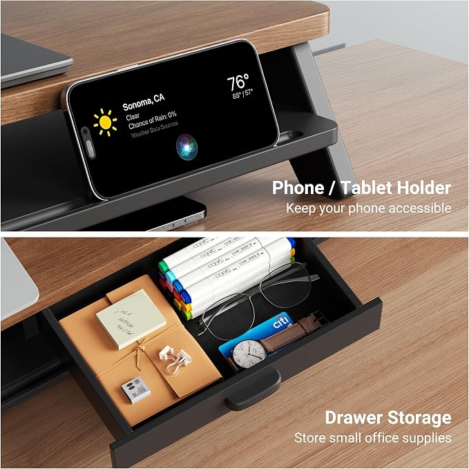 AFOOYO Dual Monitor Stand Riser,LED 2-Tier 39.3 Inch Computer Monitor Stand for 2 Monitors,Office Desktop Organizer with Storage Drawer and Phone Holder for Laptop,PC,Computer,Printer,Walnut - Image 4