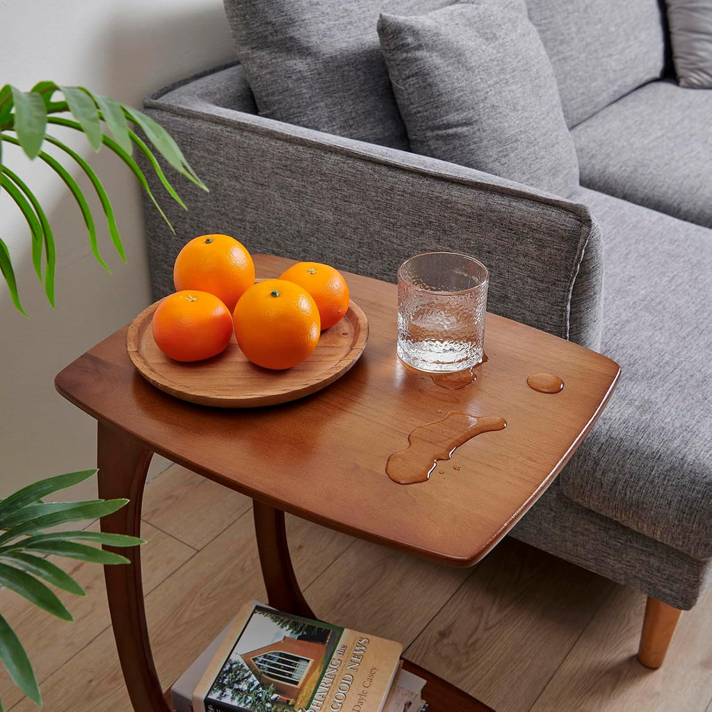 Solid Wood C Shaped End Table with Wheels,Walnut Color(13.7"W) - Image 7