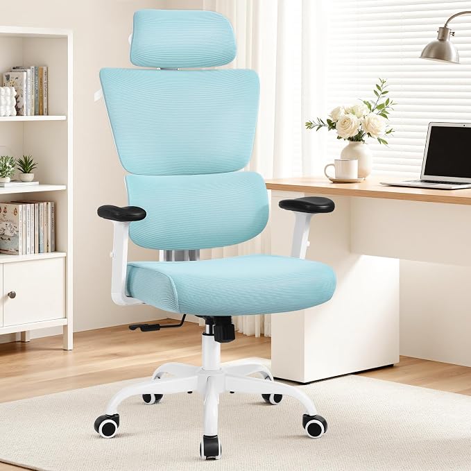 Ergonomic Office Chair High Back Desk Chair with Lumbar Support, Breathable Mesh Computer Chair with Adjustable Armrests Height, Reclining Swivel Big and Tall Gaming Chair for Home Office(Light Blue) - Image 9