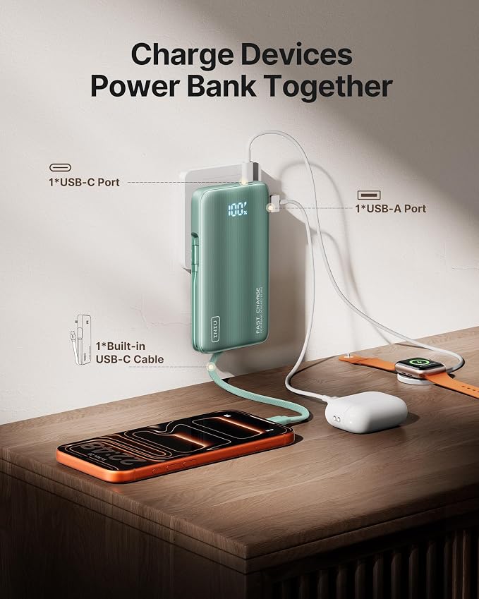 INIU 45W Fast Charging Portable Charger, 10000mAh with Built in Wall Plug | Slimmest, Built-in Wall Plug, USB-C Cable, GaN, Flight-Safe, 3 in 1 Power Bank for iPhone 17, Samsung, iPad etc, Green - Image 5