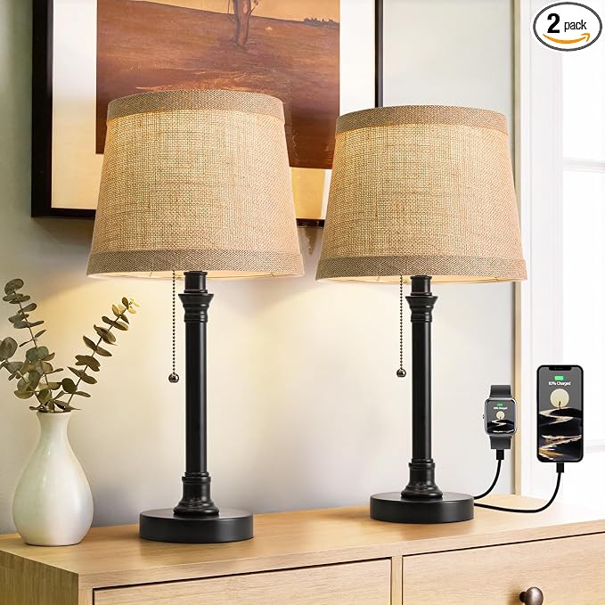 19.5" Small Table Lamps Set of 2 for Living Room Bedroom, USB A+C | Pull Chain Switch Rustic Bedside Table Lamps, Natural Shade, Small Farmhouse Nightstand Lamp for End Table & Desk Light by Oneach