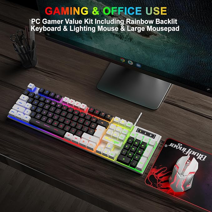 BlueFinger RGB Gaming Keyboard and Backlit Mouse Combo, USB Wired, LED Gaming Set for Laptop PC Computer Game and Work (White & Black) - Image 6