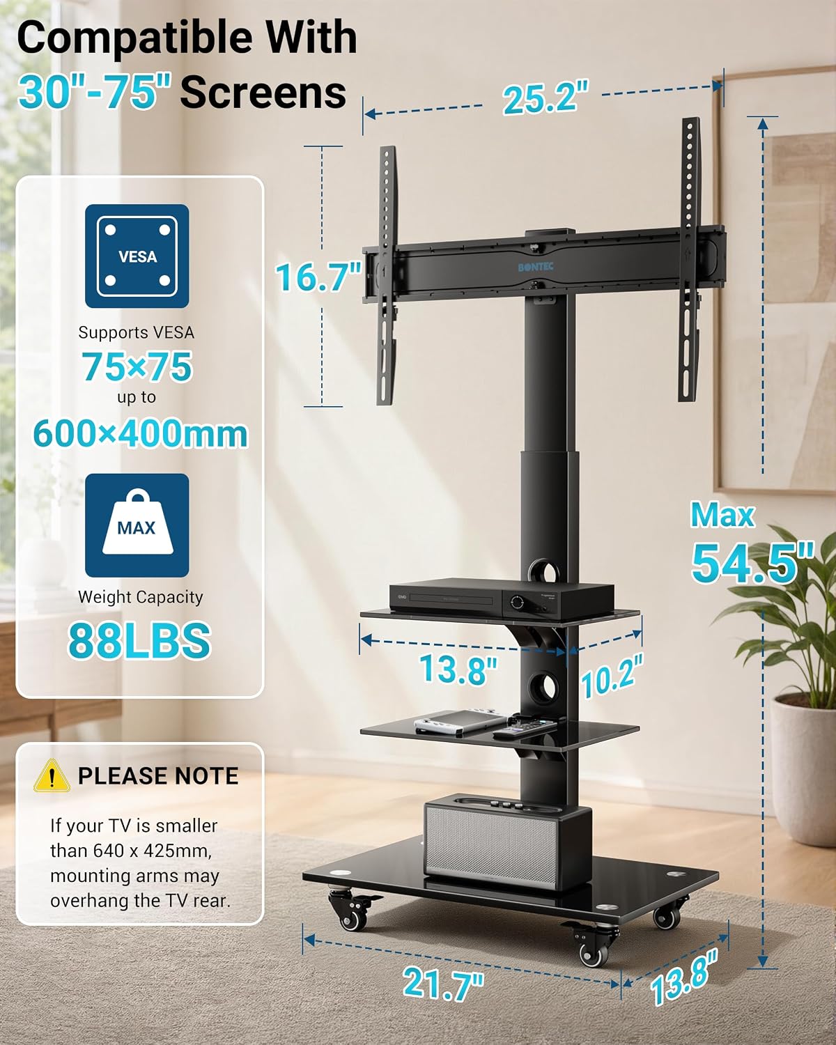 BONTEC Rolling TV Stand for 30-75 Inch TVs, Mobile TV Cart with Wheels - Image 3