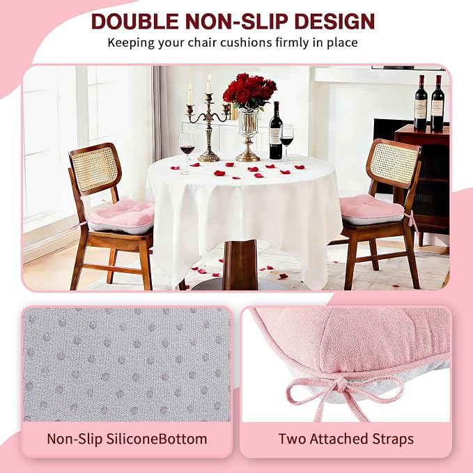 BETU Pink Chair Cushions for Dining Chairs Set of 4,3.5" Thick Kitchen Table Chair Pads with Ties,Non Slip Backing and Covers, Seat Cushion for Dining Room,Bar,Patio Chairs,15.5"X15.5"X3.5",Pink - Image 2