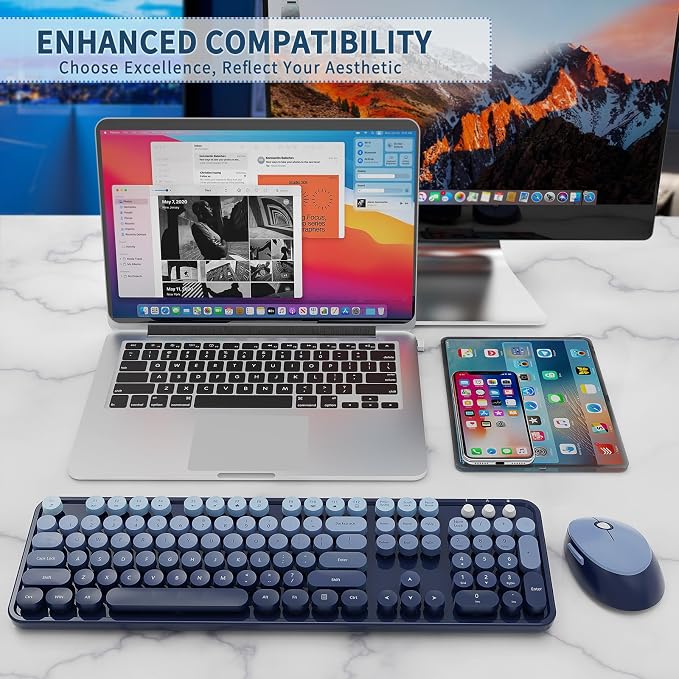 Nowlike Wireless Keyboard and Mouse Combo, Retro Typewriter Keyboard with Round Keycaps, Full-Size Ergonomic, Blue, Ideal for Windows PC, Home, Office, and College, Wireless Keyboard Mouse Combo - Image 7