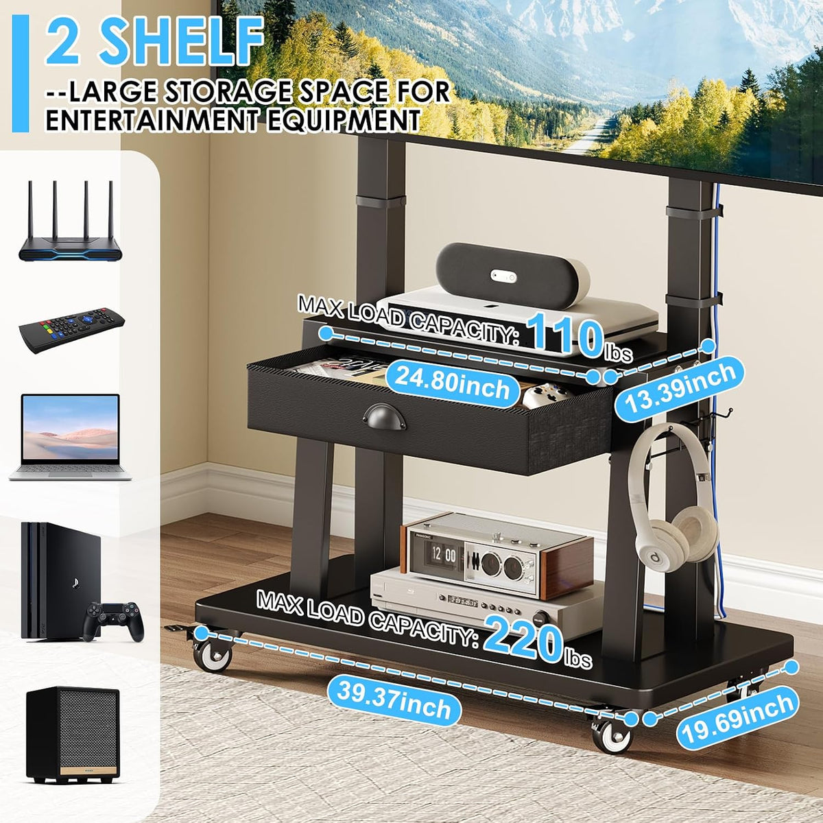Mobile TV Stand on Wheels for 42-100 inch TVs up to 330lbs, Rolling TV Cart with Drawer & 2 Shelves, Adjustable Height, Portable TV Stand for Indoor Outdoor, Max VESA 600x900mm - Image 7