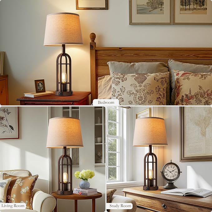 SRJJA Table Lamps for Living Room End Table Set of 2 - Farmhouse Industrial Bedside Lamps for Bedroom Nightstand with Nightlight and USB A+C, 4 Bulbs Included - Image 4