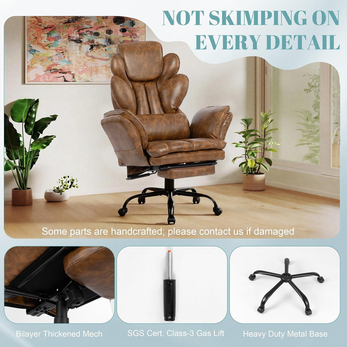 Flip Armrests Criss Cross Office Chair, Reclining Office Chair with Foot Rest, Adjustable Headrest, Massage Waist Pillow, Cross Legged Big and Tall Desk Chair Wide Seat Vanity Chair, Brown PU Leather - Image 9