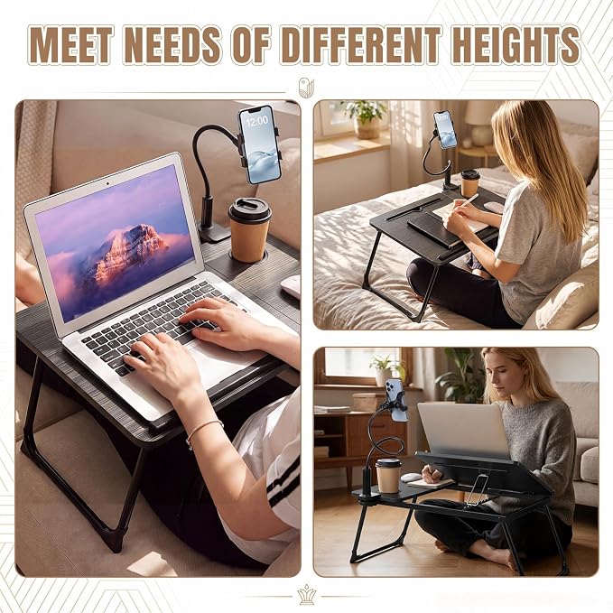 Nuanchu Black 2 Pcs 23.6 in Laptop Desk for Bed with Adjustable Stand, Lap Desks for Adults, Bed Tray with Drawer & Phone Holder, Dorm Room, College Dorm (7 Gears) - Image 5