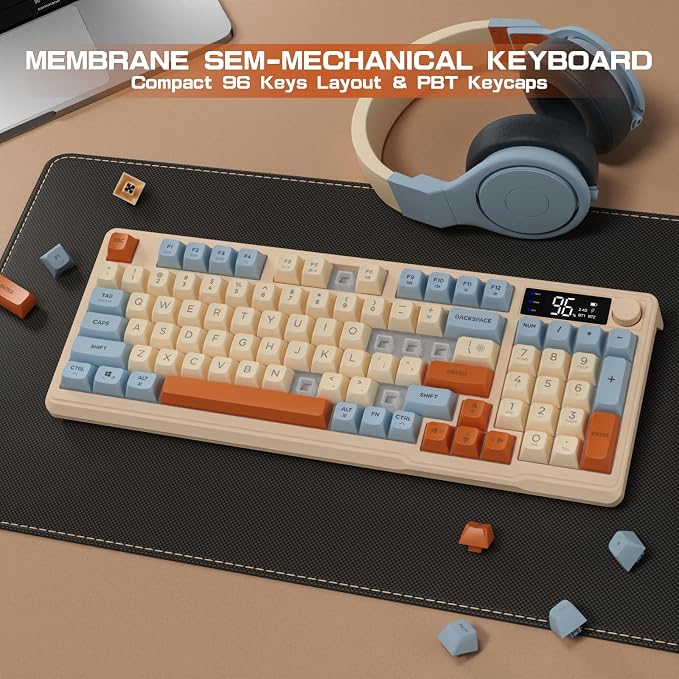 LexonElec M96 Wireless Gaming Keyboard,Knob Control Bluetooth/2.4G Wireless Mechanical Feeling Keyboard,RGB LED Backlit with Display Screen, PBT Keycap, 3000mAh, 94-Key Layout for Win/Mac (Blueberry) - Image 5