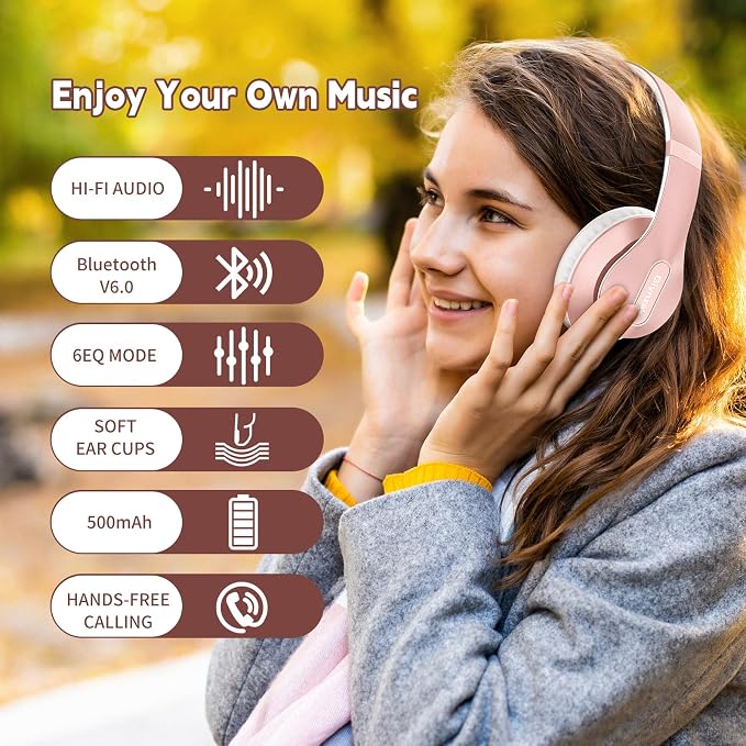 Wireless Bluetooth Headphones Over Ear 65H Playtime HiFi Stereo Headset with Microphone and 6EQ Modes Foldable Bluetooth V5.3 Headphones for Travel Smartphone Computer Laptop Rose Gold | 65H Playtime 6EQ Modes Foldable Bluetooth Headset with Microphone... - Image 6