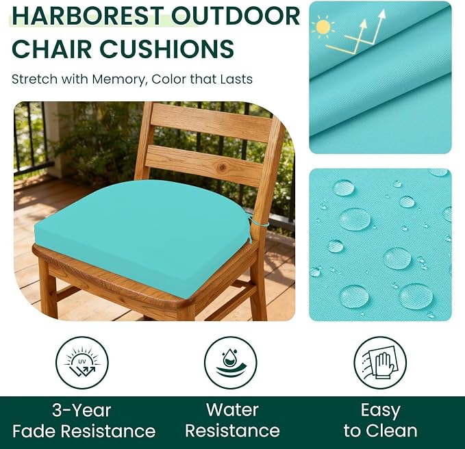 HARBOREST Outdoor Chair Cushions Set of 6, Water Resistant Patio Chair Cushions with Ties, Outdoor Seat Cushions for Patio Furniture, 17"x16"x2", Teal - Image 2