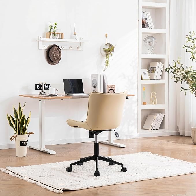 YOUNIKE Office Desk Chair with Wheels Armless Vanity Chair Modern Beige | Faux Leather Upholstered with Rocking Back, Swivel Height Adjustable Small Cute Computer Rolling Task Chair Ergonomic 300lb - Image 9