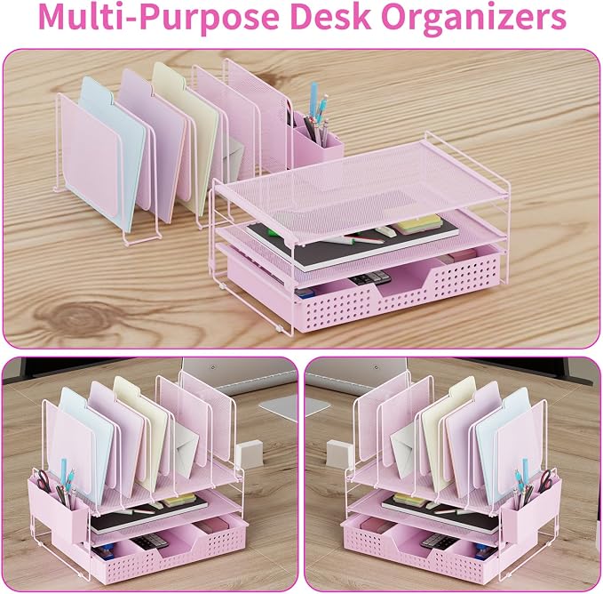 LEKETREE Pink Desk Organizer, Office Organization with Vertical File Holder, File Organizer with Drawer and Pen Holder, Desk Accessories and Workspace Organizers for Home Office (Pink) - Image 6