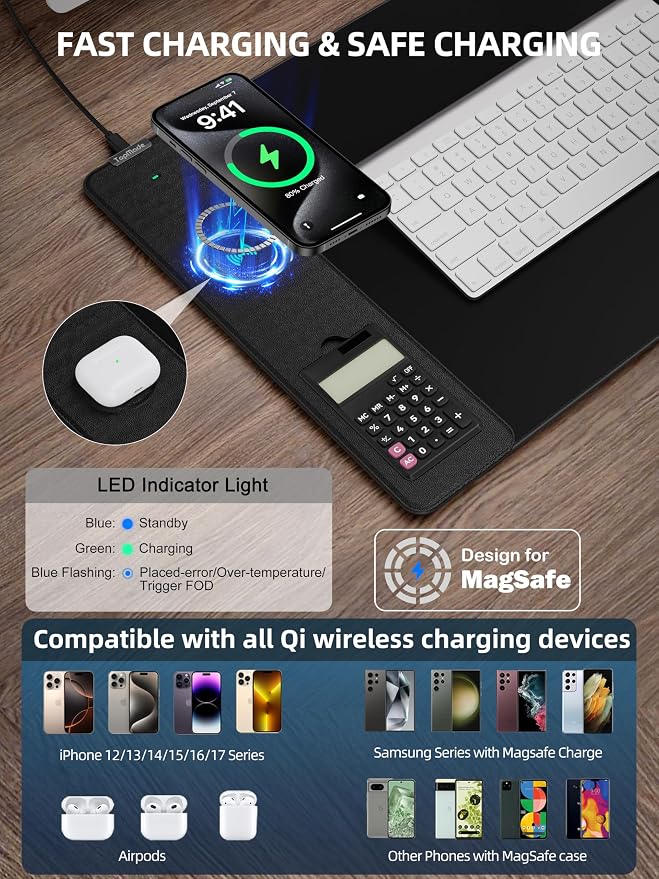 TopMade Mouse Pad with 15W Wireless Charging, Removable 8-Digit Solar Calculator, 31.5" x 15.75" XXL Large Desk Pad, Gaming Computer Keyboard Pad, Waterproof Mousepad Home Office Desk Mat, Black - Image 2