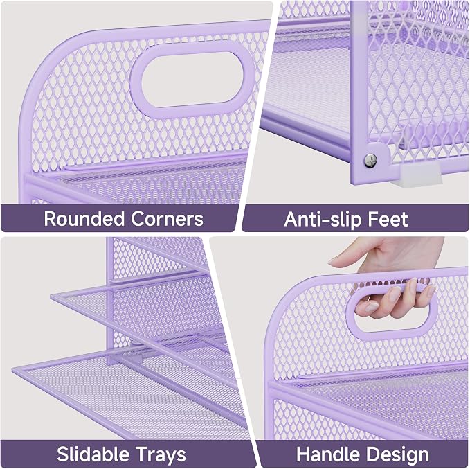 5-Tier Stackable Paper Organizer with Handle, Purple | Metal Mesh Letter Tray, Elegant Desk File Sorter for Office, Home & Classroom Organization - Image 4
