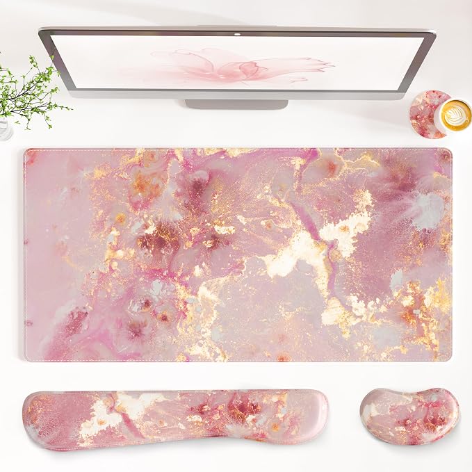 QIYI PU Leather Desk Mat Set, 4-in-1 Ergonomic Wrist Rest, Pink Marble | Waterproof Large Mouse Pad 31.5×15.7 + Keyboard Wrist Rest + Mouse Wrist Support+Coaster, Non-Slip Office Gaming Accessories by QIYI