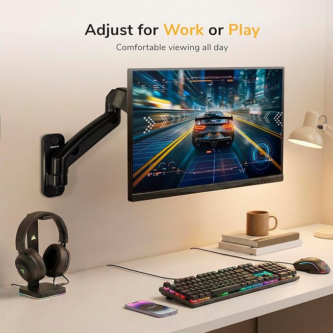 Mount-It! Monitor Wall Mount Arm, Full-Motion Gas Spring, Fits 13–32″ Screens up to 14.3 lbs, VESA 75x75 & 100x100, Tilt Swivel Rotate, Single-Stud Wall Mounted Computer Monitor Arm, RV Compatible - Image 4
