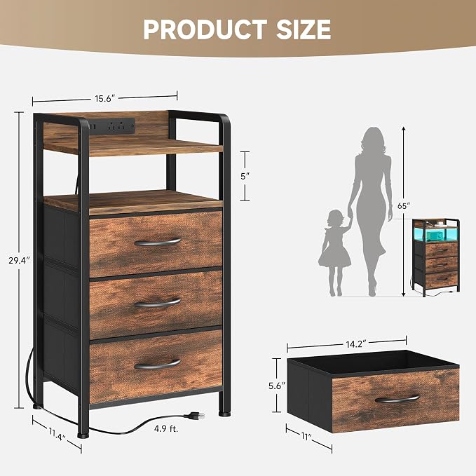 Lazzanto Nightstand with Rear Charging Station, LED Light, 3 Drawers, Brown | Industrial Nightstand, 2 USB-A Ports & AC Outlets, Raised Back Guard, Fabric Storage Drawers, Bedside Table for Bedroom, Dorm - Image 3