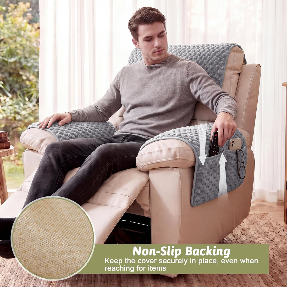 Universal Flannel Recliner & Armchair Covers with Pockets - Image 5