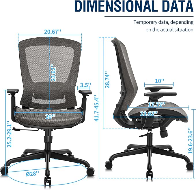 T96 Mesh Office Chair,Ergonomic Computer Desk Chair,Sturdy Task Chair- Adjustable Lumbar Support & Armrests,Tilt Function,Comfort Wide Seat,Swivel Home Office Chair - Image 3