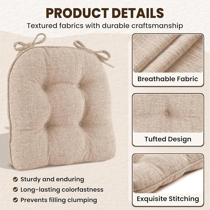 downluxe Indoor Chair Cushions for Dining Chairs, Tufted Overstuffed Textured Foam Kitchen Chair Pads with Ties and Non-Slip Backing, 15.5" x 15.5" x 4", Oatmeal Beige, 6 Pack - Image 5
