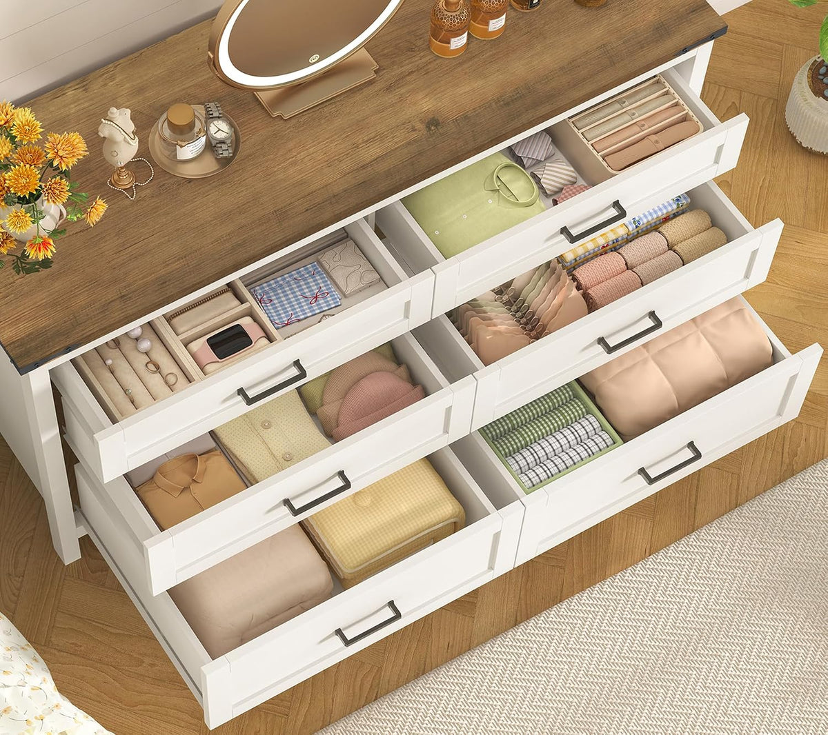 47.2" Dresser for Bedroom, White 6 Drawer Dresser with Metal Handles, Wood Dressers & Chests of Drawers for Closet, Farmhouse Dressers for Bedroom, Entryway, White - Image 4