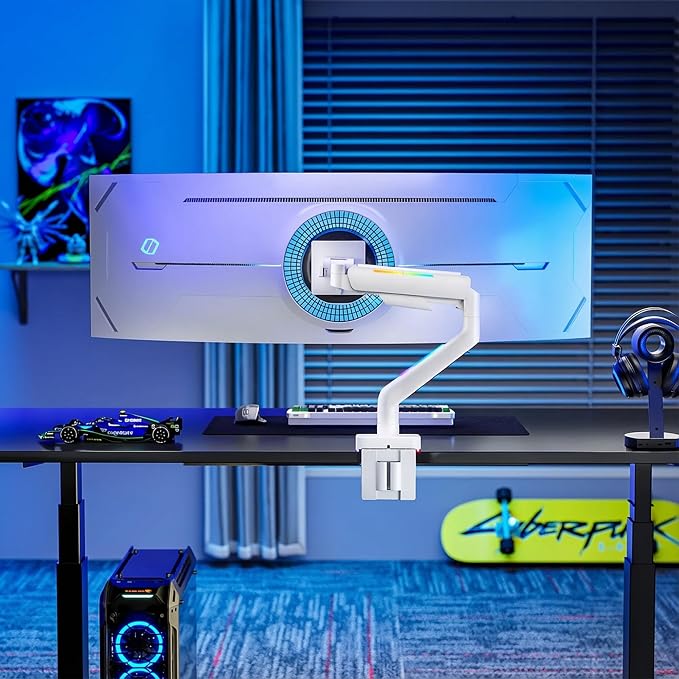 ARES WING Ultrawide Monitor arm with RGB for 17-49 Inch Screen, White | Heavy Duty Gas Spring Single Monitor Arm, Adjustable Gaming Computer Monitor Arm for Desk up to 44lbs - Image 6