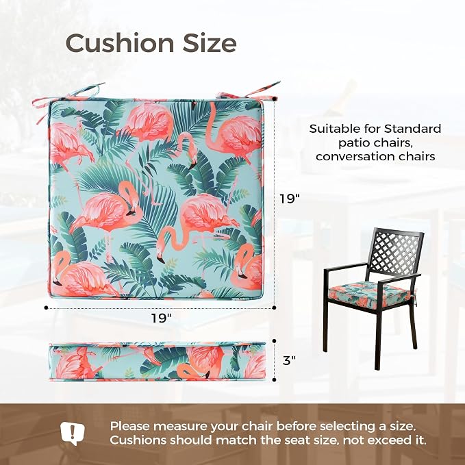 UNIKOME Outdoor Chair Cushions Set of 4, Water Resistant Patio Seat Cushions with Ties for Outdoor Furniture, High-Density Foam, UV & Fade Resistant, Piped Edge – 19" x 19" x 3", Flamingos - Image 2