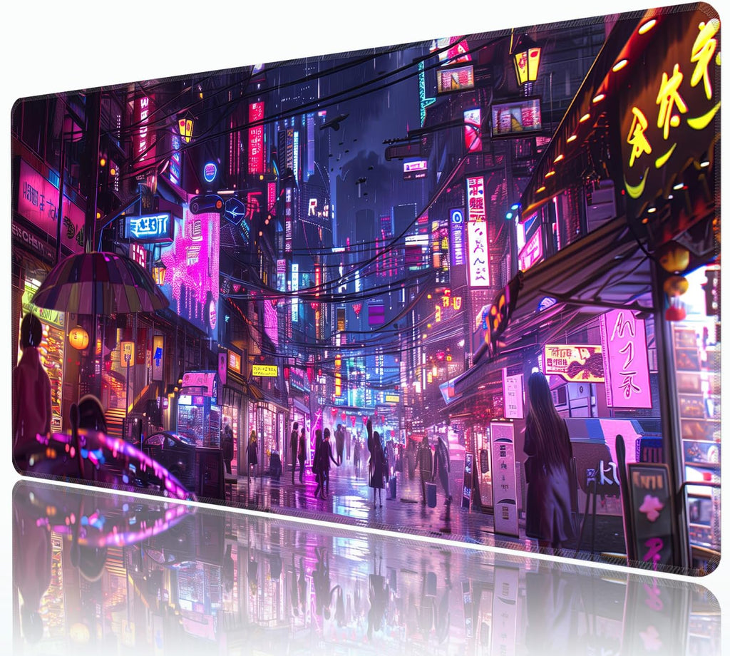 Cyberpunk Mouse Pad,XXL 35.4"x15.7" Big Gaming Mousepad,Japanese Streets Large Extended Mouse Mat,Non-Slip Rubber Base Waterproof with Stitched Edges for Gaming Office Home by HUNJIEEM