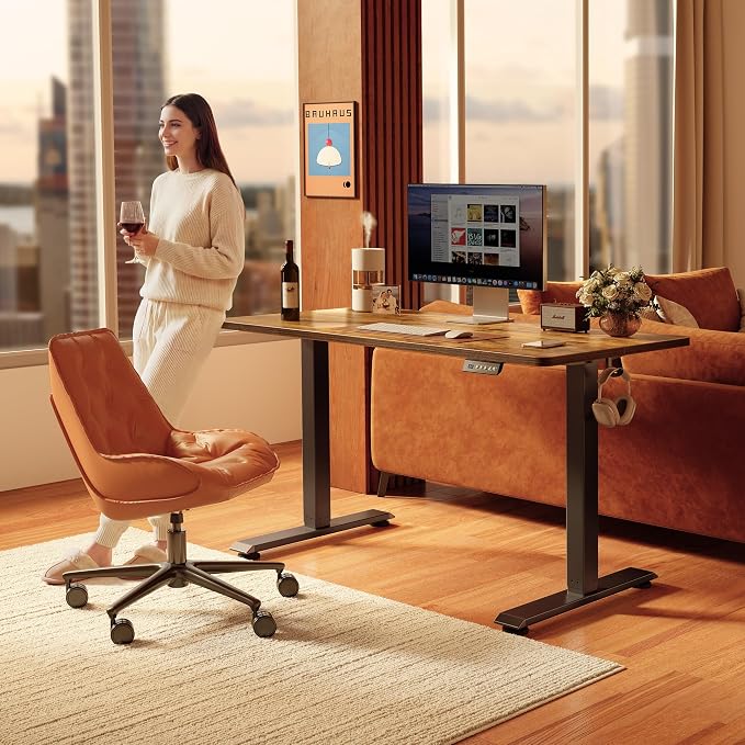 FEZIBO Standing Desk 55 × 24 Inch Electric Height Adjustable, Rustic Brown | Sit and Stand Up Adjustable Desk, Home Office Computer Desk with 3 Customizable Memory Presets - Image 2