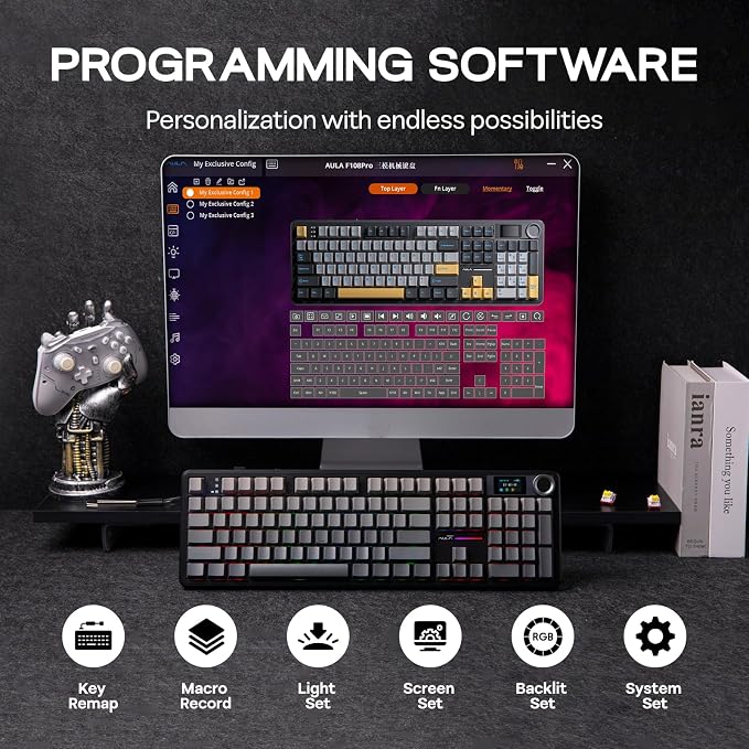 EPOMAKER X Aula F108 PRO Wireless Gaming Keyboard with Screen, 8000mAh Battery, 104 Hot-Swappable and Programmable Keys and Knob, RGB Backlight, for Mac/PC/Android (Black Gradient) - Image 8