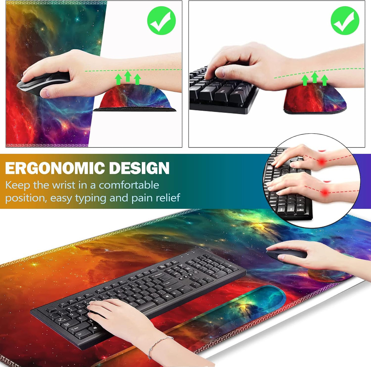 Extended Gaming Mouse Pad Set, Keyboard Wrist Rest Support Pad + Wrist Cushion + XXL Large Mouse Pad + Coaster, Stitched Edge, Non-Slip, Memory Foam Desk Mat, Color Nebula Galaxy - Image 5