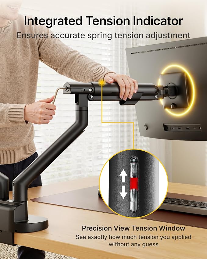 monTEK Aluminum Dual Monitor Arm for 17-35" Screens, 24.3 lbs Each, Black | Mechanical spring, tension indicator, full motion, VESA 75/100 compatibility, clamp/grommet bases and cable routing - Image 3
