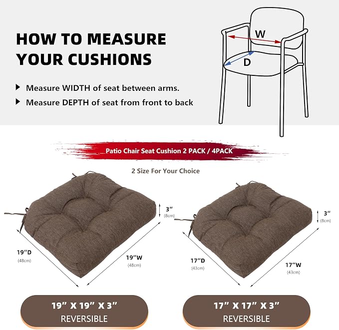 RACE LEAF Patio Chair Cushions 19x19 4 Pack, Thickened Heavy Duty Outdoor Cushions Stain & Water Resistant Non-Slip Ties Tufted (Brown) - Image 5