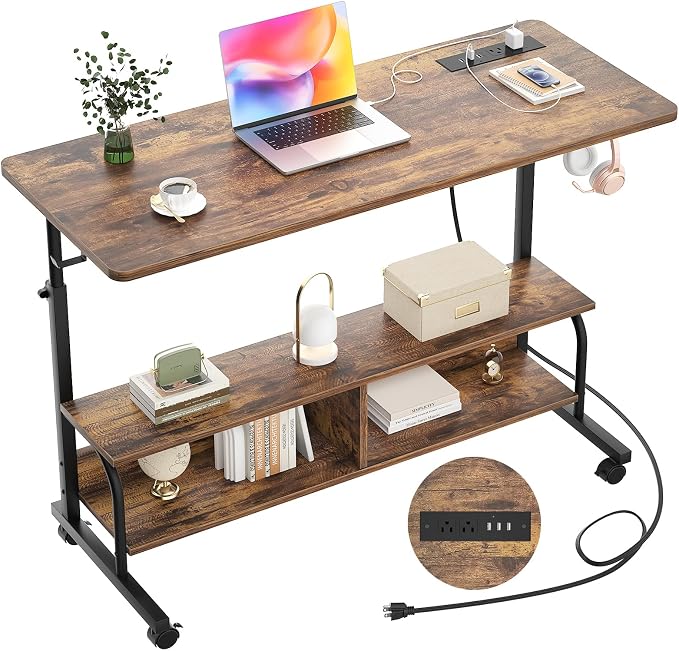 47" Rolling Standing Desk with Charging Station for Couch Bed | Height Adjust 27.5-41", 2 AC/3 USB, Mobile 4 Lockable Wheels, 2-tier Shelves Hook, Safe Corner Fast Assembly by Armocity