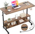 47" Rolling Standing Desk with Charging Station for Couch Bed | Height Adjust 27.5-41", 2 AC/3 USB, Mobile 4 Lockable Wheels, 2-tier Shelves Hook, Safe Corner Fast Assembly by Armocity