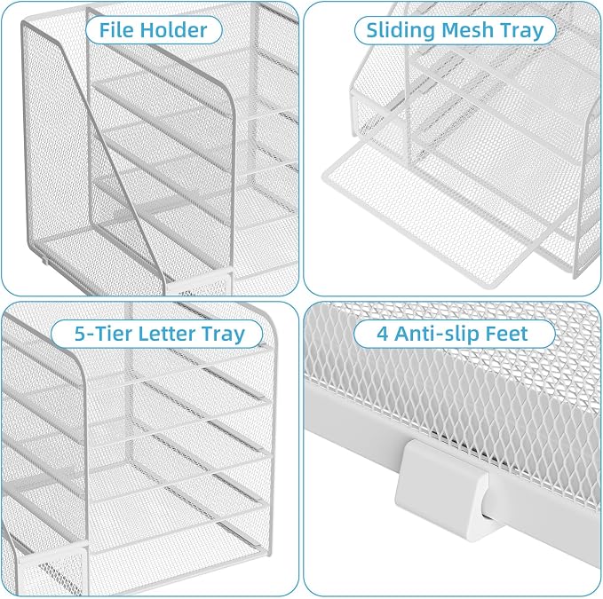 Marbrasse Desk Organizers and Accessories, 5-Tier Paper Letter Tray Organizer with File Holder, Mesh File Organizer, Office Desk Accessories & Organization for Supplies (White) - Image 4