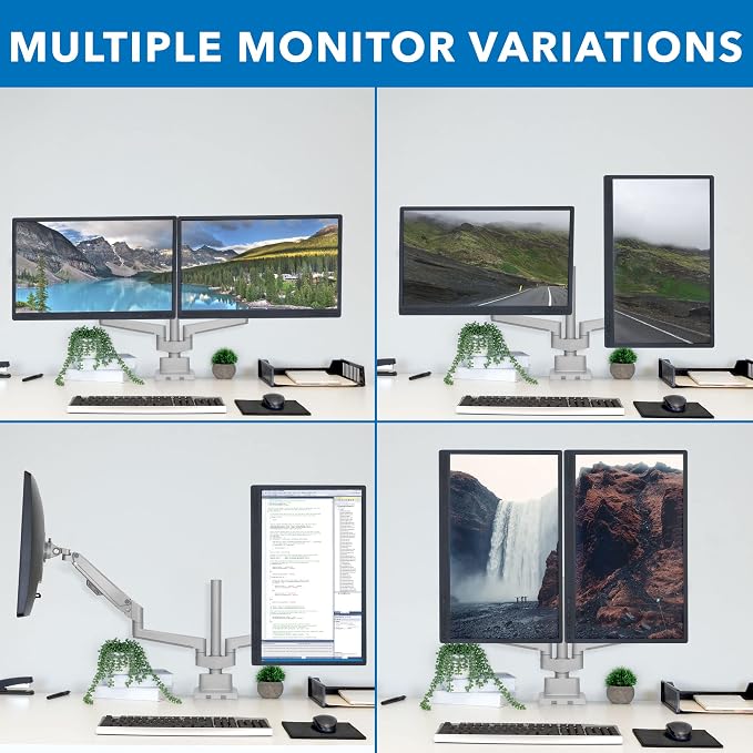 Mount-It! Dual Monitor Mount - Monitor Stands for 2 Monitors, Computer Arms on Desk Stand, Gas Spring Height Adjustable Desk Mount in Silver, VESA 75, 100 Fits Screens Up to 32", Silver Color - Image 3
