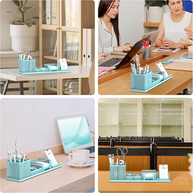 Pen Holder for Desk, 6-Piece Mesh Desk Organizer with Phone Holder, Blue | 6-Piece Black Mesh Desk Set Includes Pen Cups, a Sticky Note Caddy and Phone Holder for Office, School, Home - Image 7
