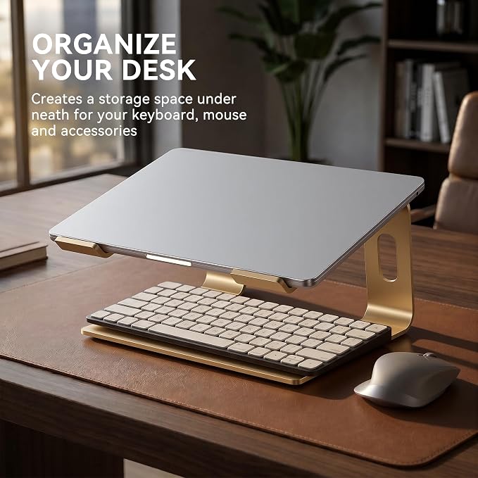 SOUNDANCE Laptop Stand, Aluminum Computer Riser, Ergonomic Laptops Elevator for Desk, Metal Holder Compatible with 10 to 15.6 Inches Notebook Computer, Gold - Image 4