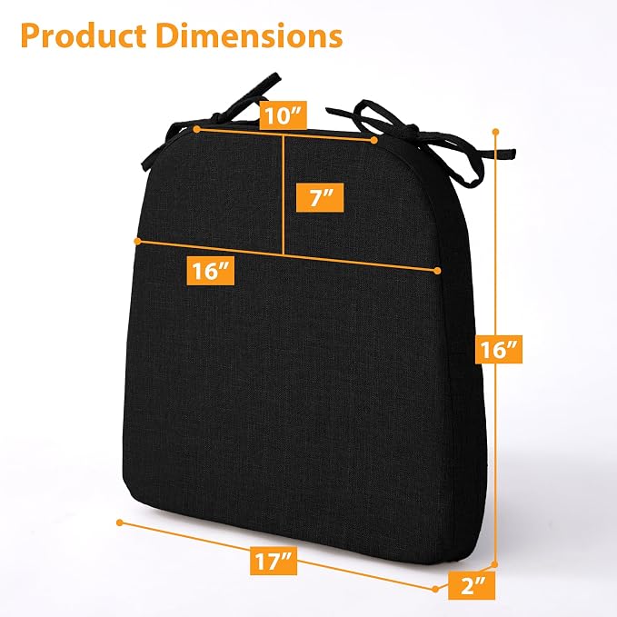 Ruqmuis Chair Cushions for Dining Chairs, 2" Thick Seat Cushions for Kitchen Chairs, D-Shaped Chair Pads with Washable Cover, Ties and Non Slip Backing, 17'' x 16'', Set of 6, Black - Image 2