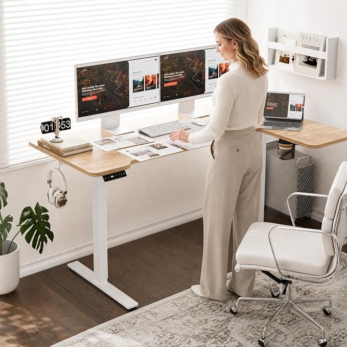 L Shaped Electric Standing Desk - 59x40 Inch Reversible Corner Sit Stand Desk with Hook&Cup Holder,Electric Height Adjustable Table,for Home Office Gaming Computer Desk, Oak - Image 2