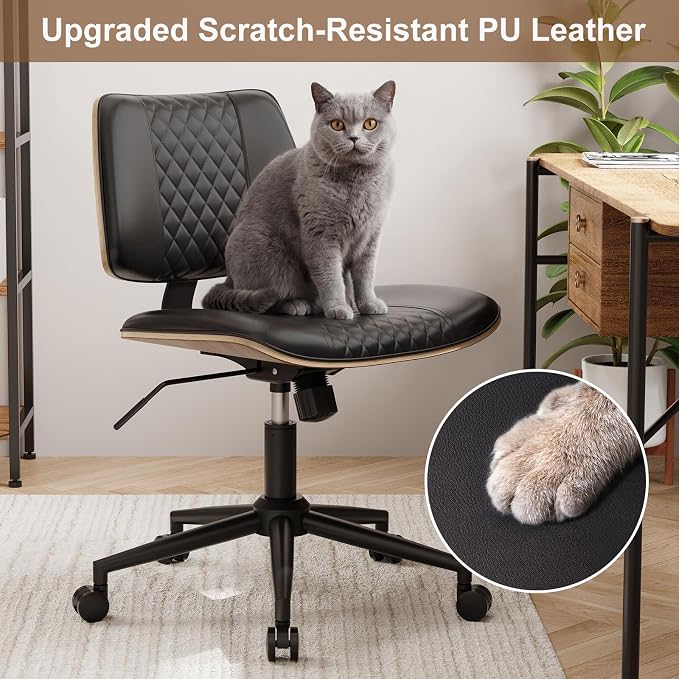 Modern Armless Office Chair with Wheels, Wide Seat Walnut, Black | Adjustable Swivel Desk Chair with Mid Back & Tilt Function, Faux PU Leather Mid Century Modern Task Office Chair, 300LBS Cap - Image 3